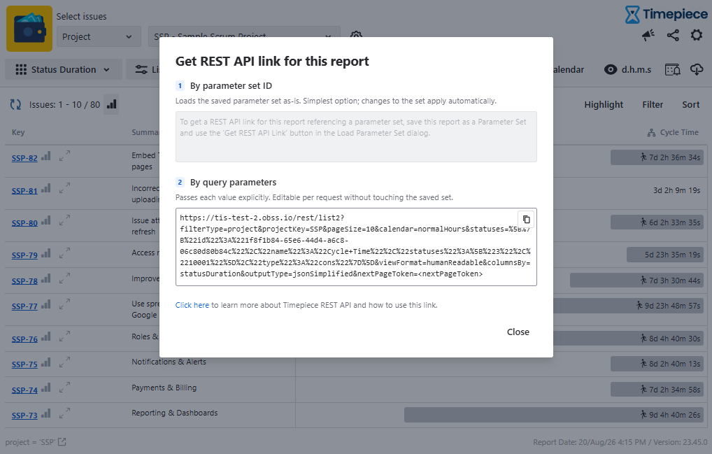 Modal window titled Get REST API link for this report showing a URL under the By query parameters section.