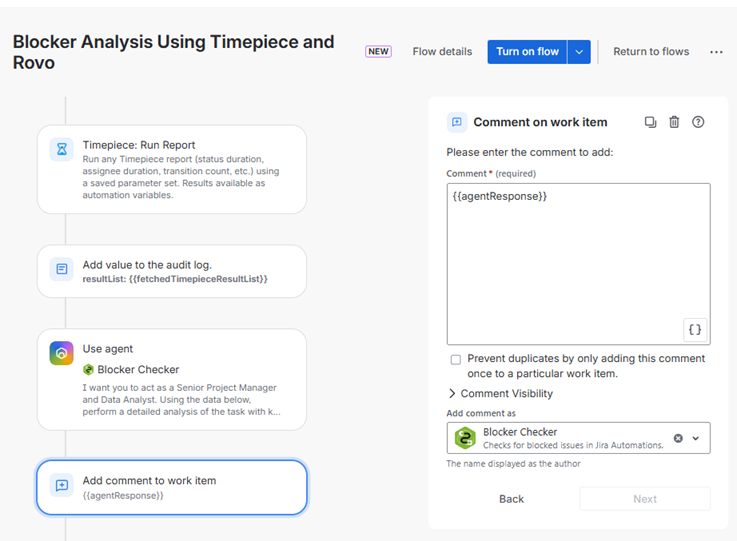 Configuring the Comment on work item step to add the agent response as a comment