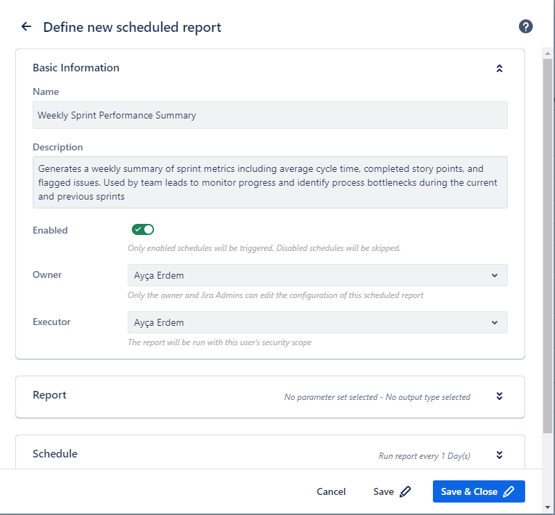 Define new scheduled report screen