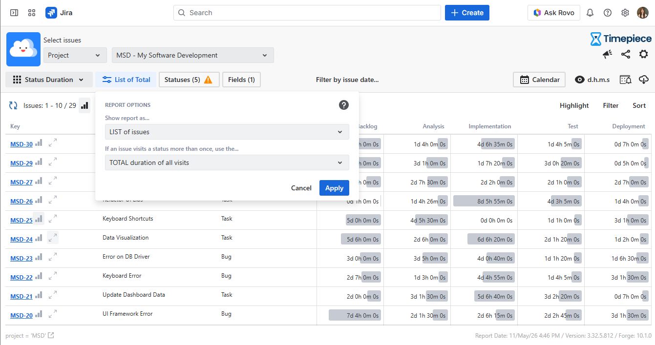 Timepiece Main Reporting Screen with Report Options Menu selected