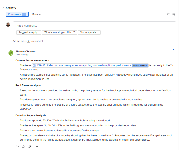 A Jira issue activity section showing an automated comment from Blocker Checker