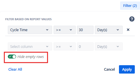 Filter panel with Hide empty rows option enabled