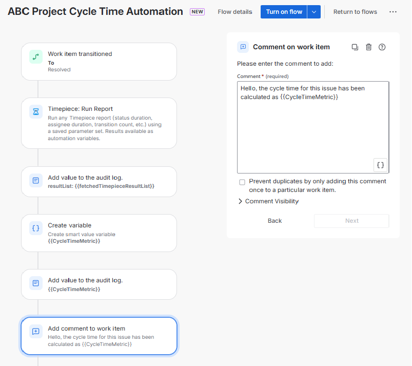 An ABC Project Cycle Time Automation interface configuring a Comment on work item action to publish a message containing the calculated CycleTimeMetric variable value
