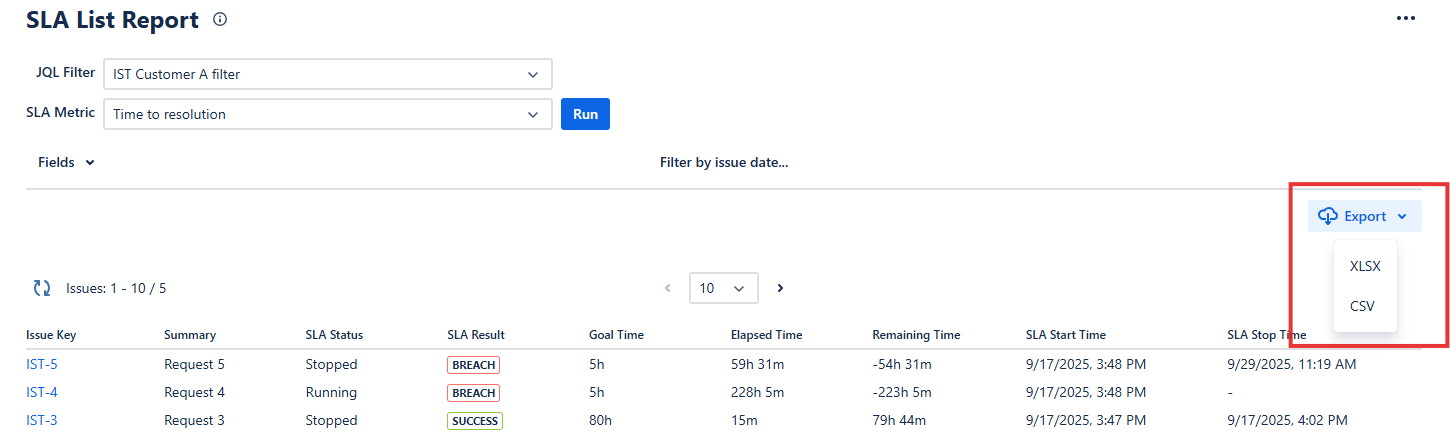 TicketBook SLA List Report export options showing XLSX and CSV format buttons