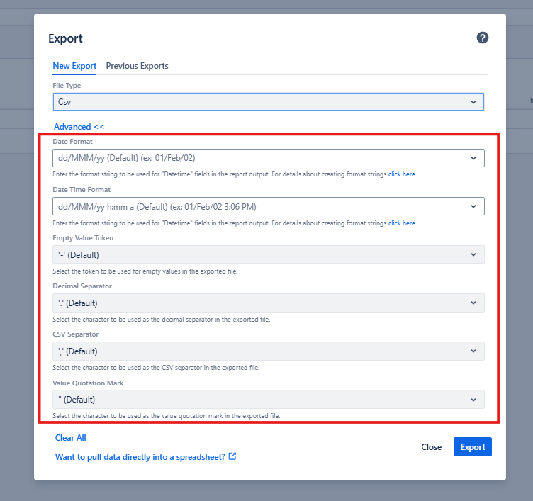 Advanced export options