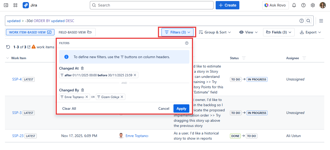 Historian Filters Menu showing all active column filters with a Clear All button to remove all applied filters at once