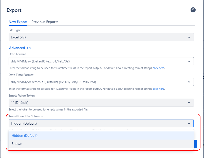 Export options transitioned by column