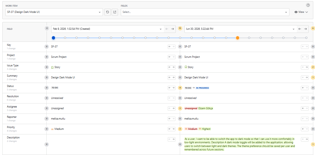 Historian Compare Dates field selector dropdown showing available Jira fields that can be selected for side-by-side comparison