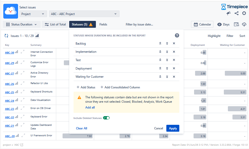 A Timepiece report view highlighting the Statuses dropdown menu