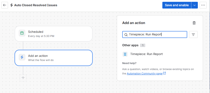 Add an action configuration window with Timepiece Run Report selected as the action