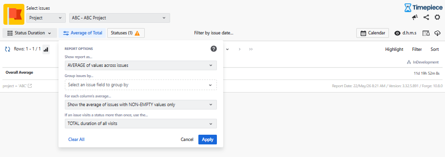 A Timepiece report view highlighting the Average of Total dropdown options menu, configuring the report to show average values across issues with non-empty values only