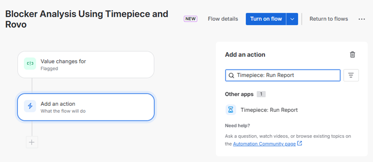 Selecting the Timepiece Run Report action in the Jira automation flow