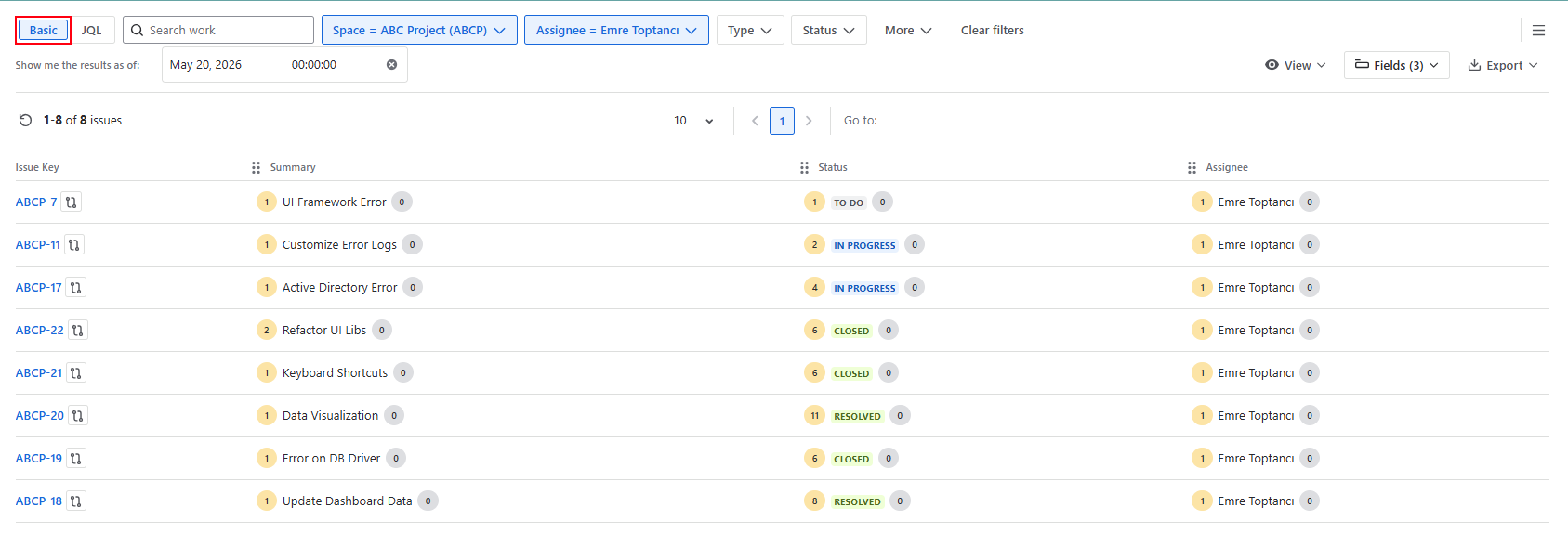 A screenshot of the Basic Filter in Historian, showing dropdown fields such as project, status, assignee, and priority for filtering work items.