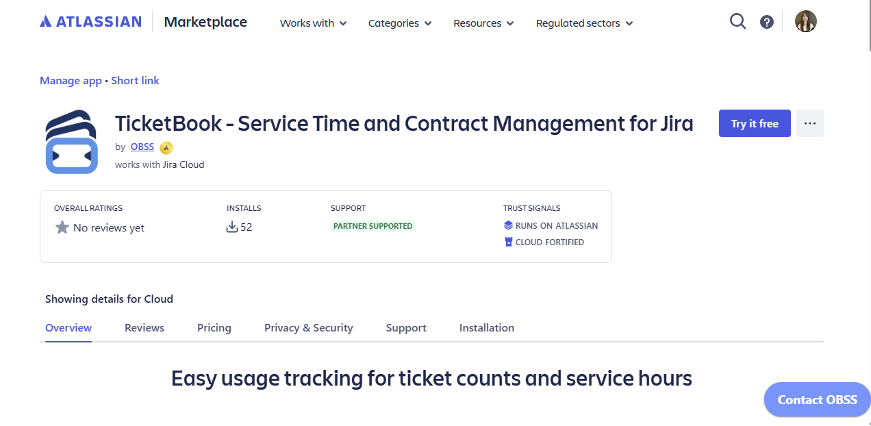 TicketBook app overview page on Atlassian Marketplace showing the Try it free button and app details