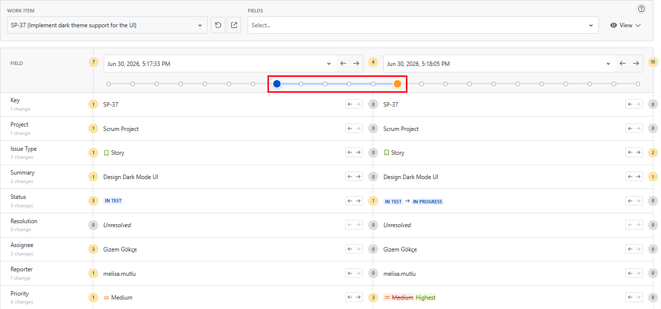 A timeline slider displaying dots for each change date above the change list. A selected dot filters and updates the report to show issue details as of that specific date