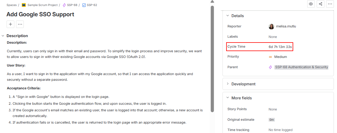 An issue view showing the Cycle Time custom field in the Details panel, displaying the calculated duration value.
