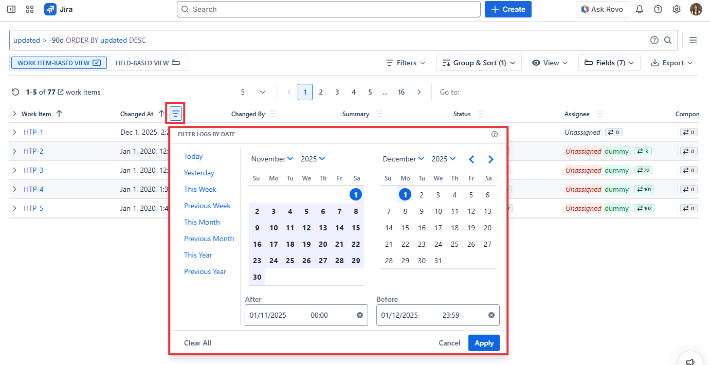Historian Changed At Filter panel showing predefined date ranges and custom After and Before date input fields