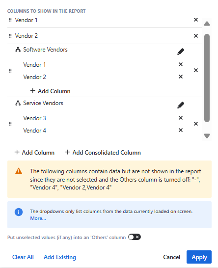 A column configuration popup showing individual Vendor options alongside consolidated Software Vendors and Service Vendors categories.