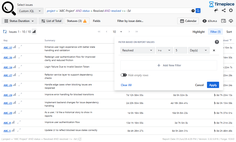 Timepiece report interface highlighting a Custom JQL search field
