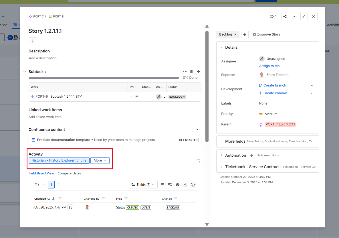 Historian Work Item View Tab displayed in a Jira board issue popup panel showing the history of a work item