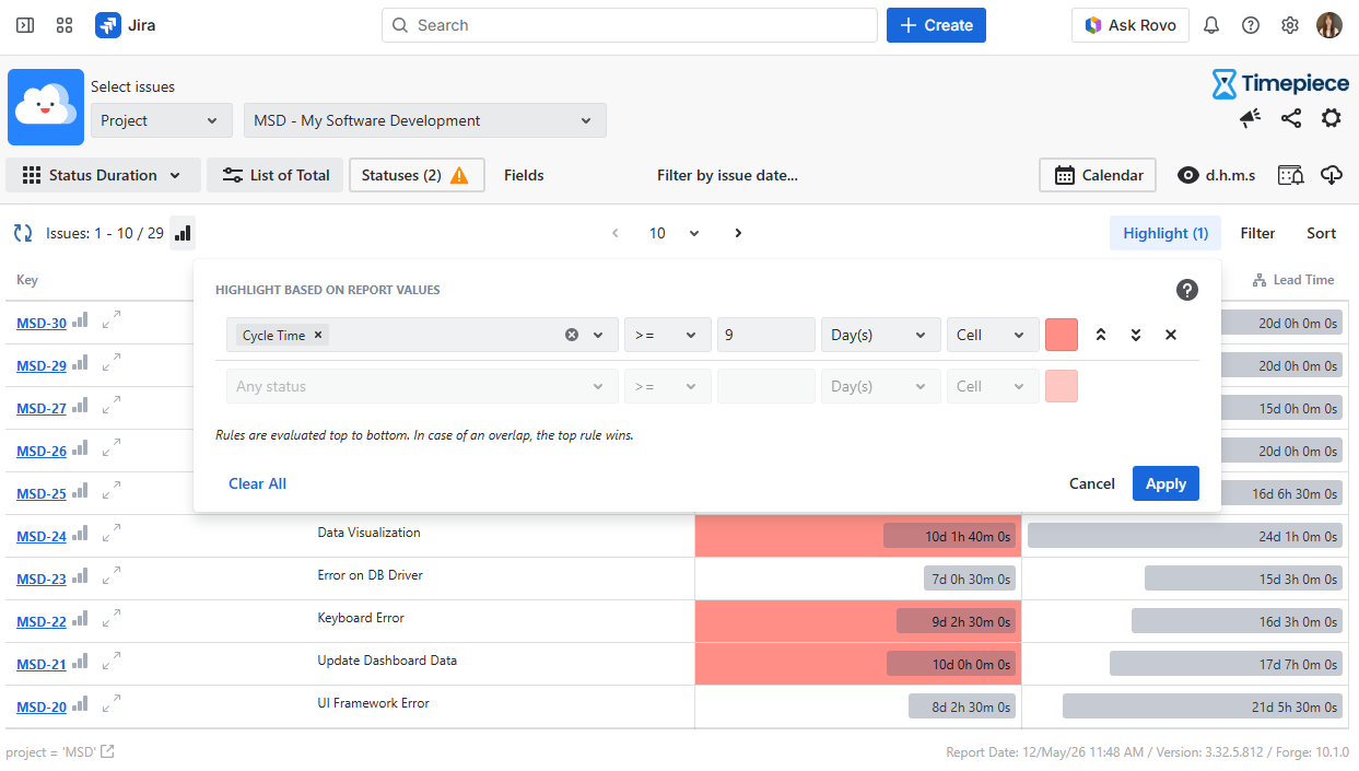Status duration report with an open highlight menu showing the highlight filter 