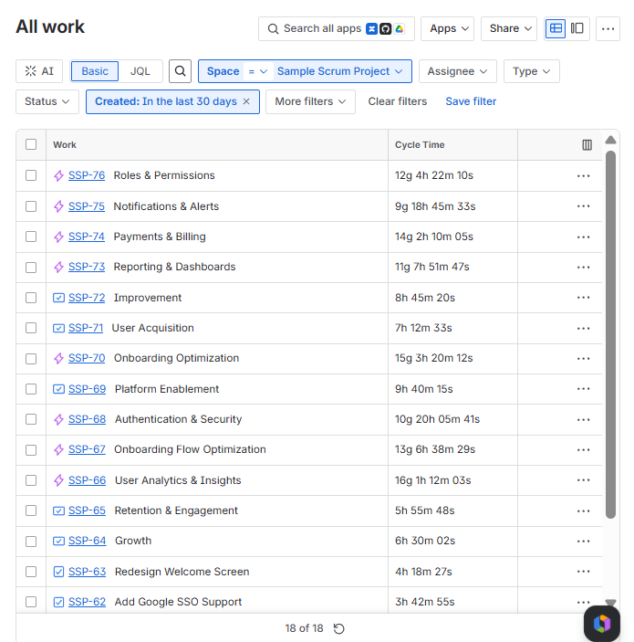 Viewing Cycle Time values for multiple work items as a column in the Jira All work view