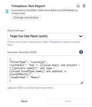 A Set Average Development Duration to Due Date automation interface showing the Timepiece Run Report action settings with Parameter Overrides JSON field