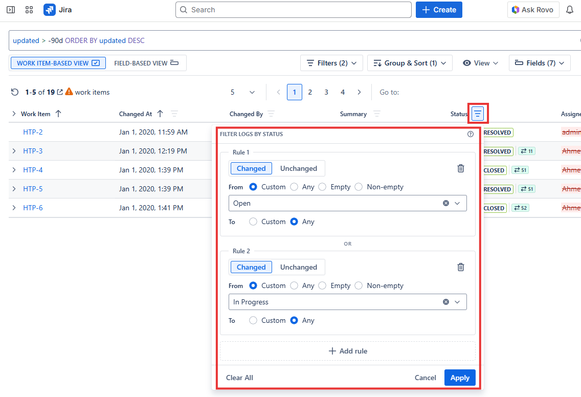 Historian Field Filter dialog in Work Item-Based View showing filter rules with OR logic applied to a selected field column