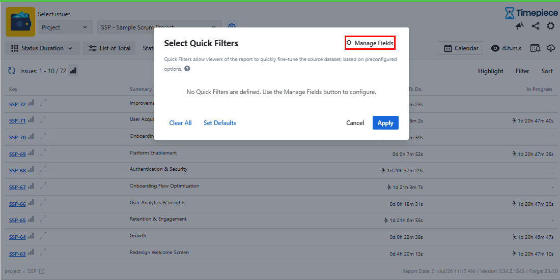 The Select Quick Filters modal with no Quick Filters configured, showing the Manage Fields button in the top right corner which can be used to set up Quick Filter fields