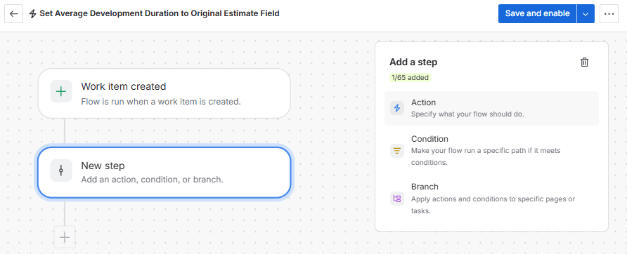 An ABC Project Cycle Time Automation interface showing an Add a step configuration menu offering Action Condition 