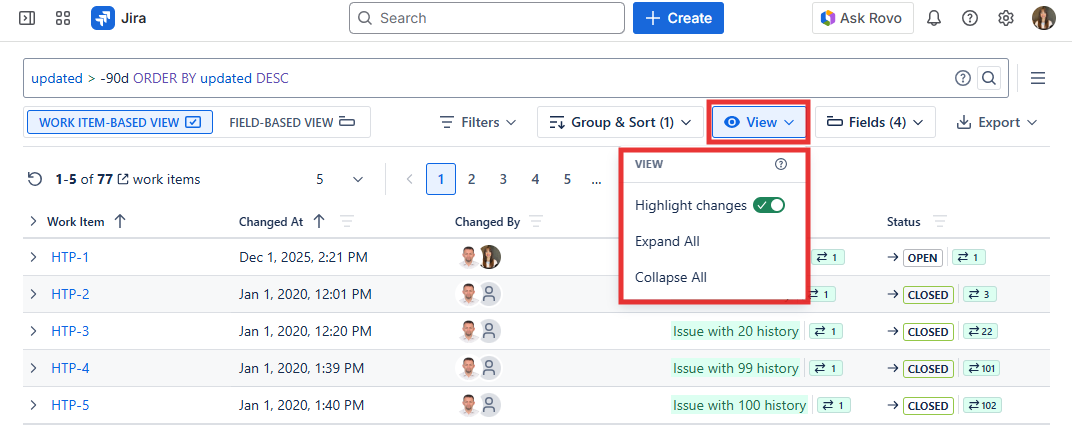 Historian View Options menu showing Highlight Changes toggle, Expand All and Collapse All buttons in the Work Item History Report toolbar