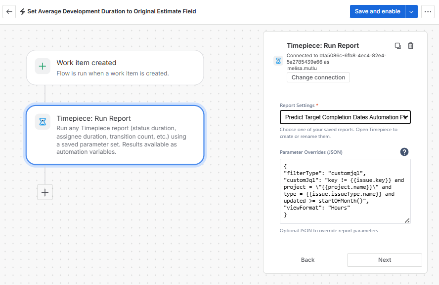 configuring a Timepiece Run Report action step using a specific Parameter Overrides JSON block