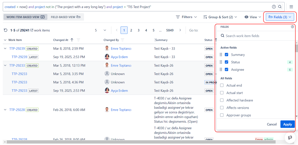 Work item history report with fields menu highlighted