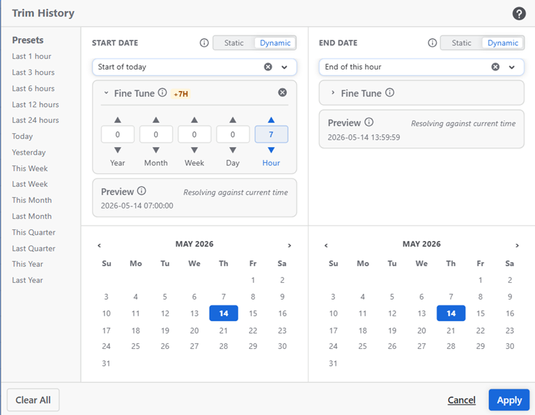 Trim history dynamic date configuration