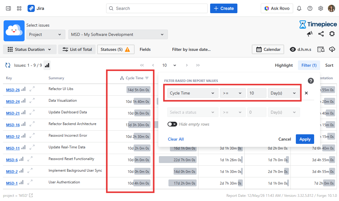 Status duration report including issue with more than 10 days of cycle time