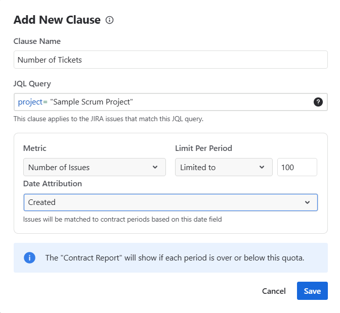 TicketBook Add New Clause dialog showing fields for clause name, JQL query, clause type, and limit settings