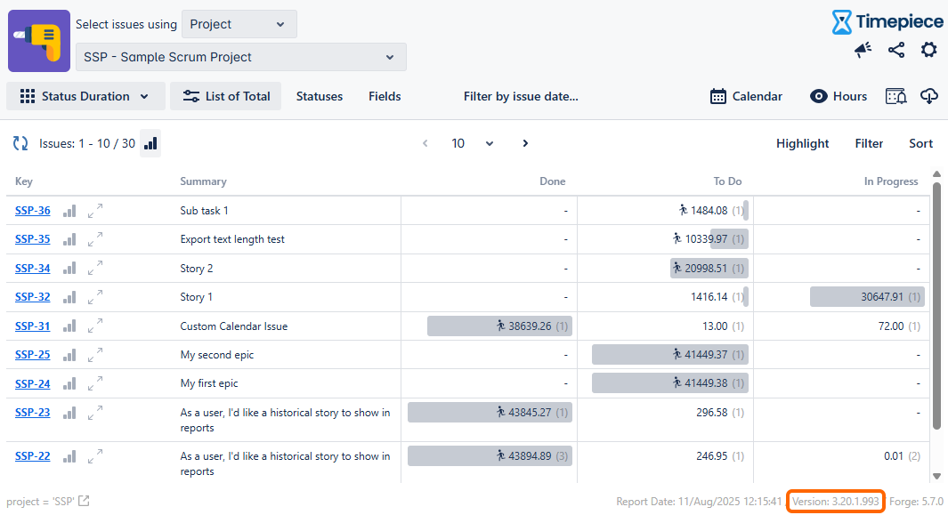A screenshot directing on how to find your Timepiece version number