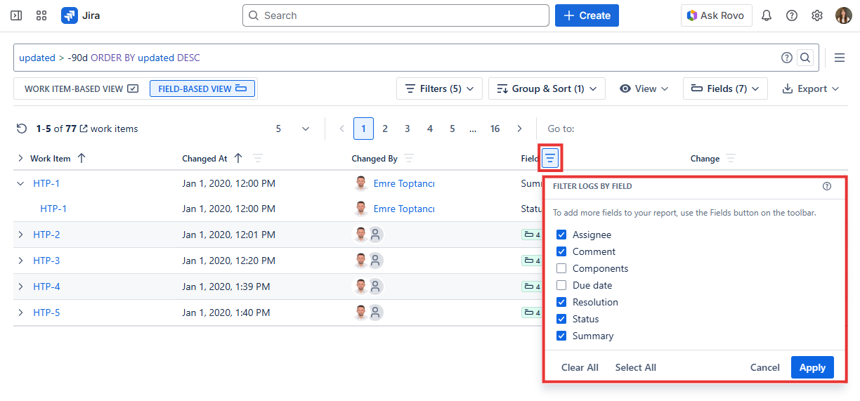 Historian Field Filter in Field-Based View showing a checklist of fields that can be included or excluded from the change log report
