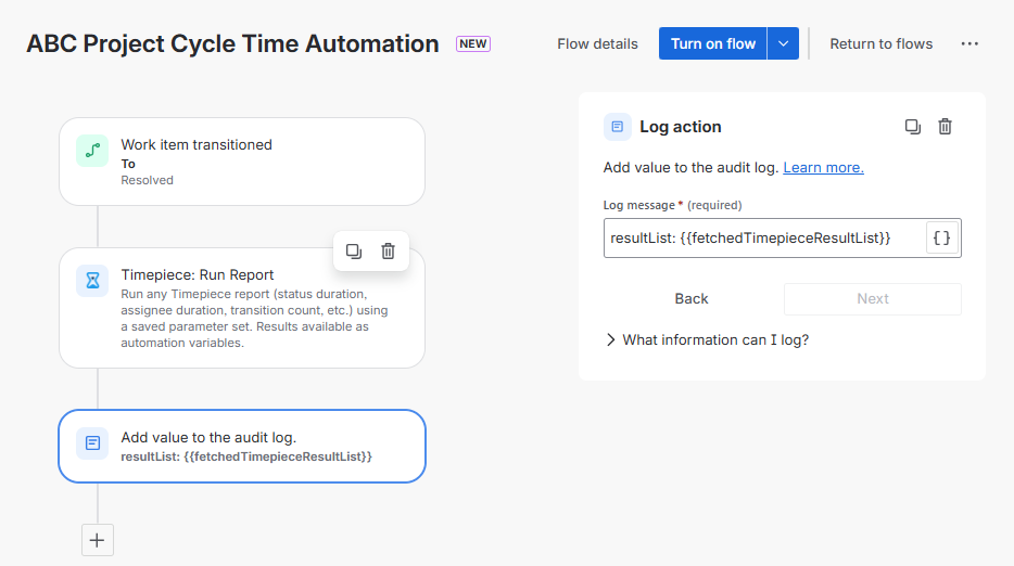Logging the entire result list from the Timepiece report