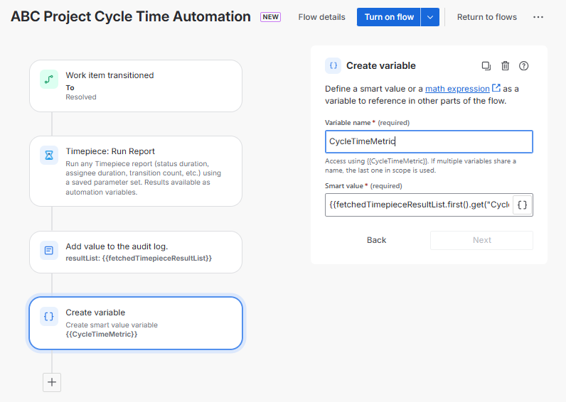 An ABC Project Cycle Time Automation interface configuring a Create variable action to store a specific metric calculation as CycleTimeMetric