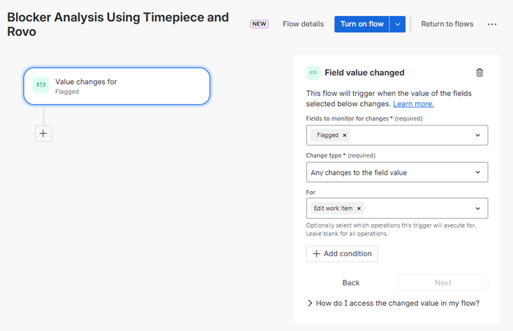 Jira automation trigger configured for any changes to the Flagged field value