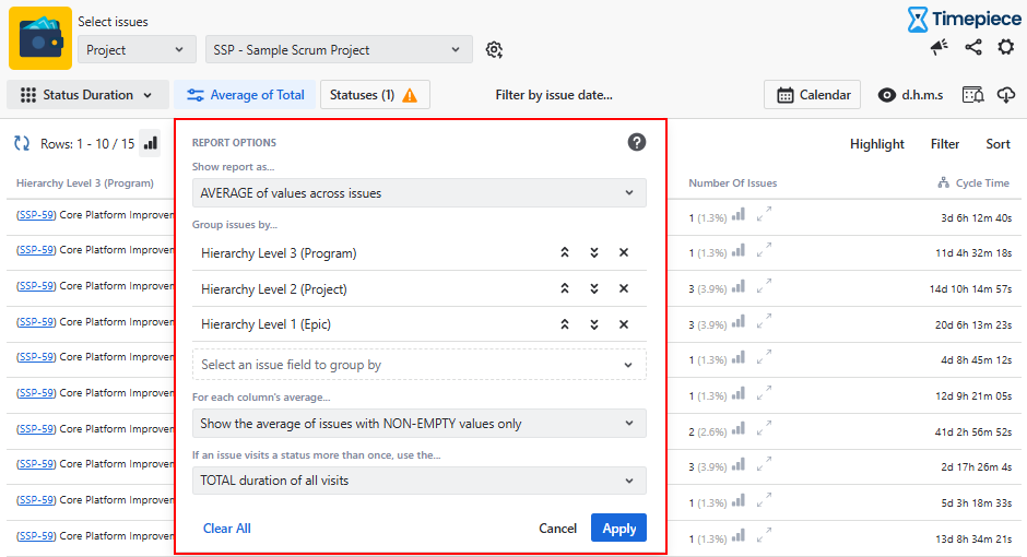 Status Duration report in Timepiece grouped by Hierarchy Level 1 2 3 and 4 - Epic Program Theme fields added to the Group By section