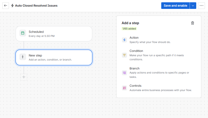 Add a step menu to choose an Action Condition Branch or Controls