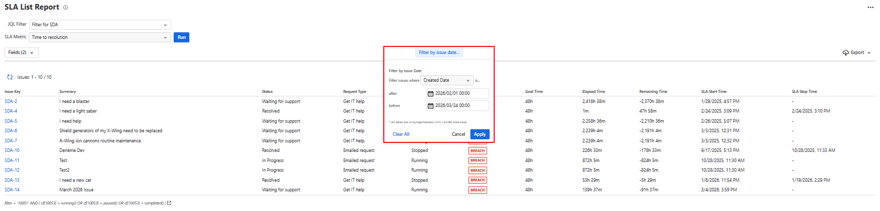 TicketBook SLA List Report date filtering panel showing options to filter issues by created date, updated date, or resolution date with date range pickers