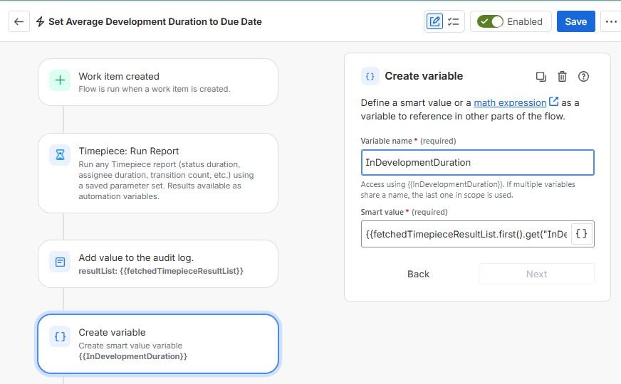 A Set Average Development Duration to Due Date automation interface configuring a Create variable action to store a specific metric calculation as InDevelopmentDuration