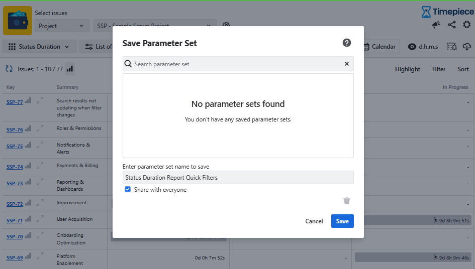 Timepiece Save Parameter Set pop up window with options to name and share the configuration.