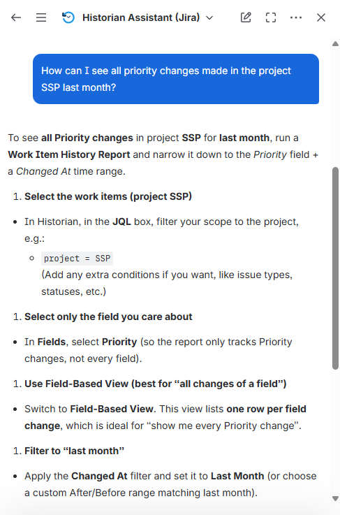 Historian Assistant Chat Screen with answers provided