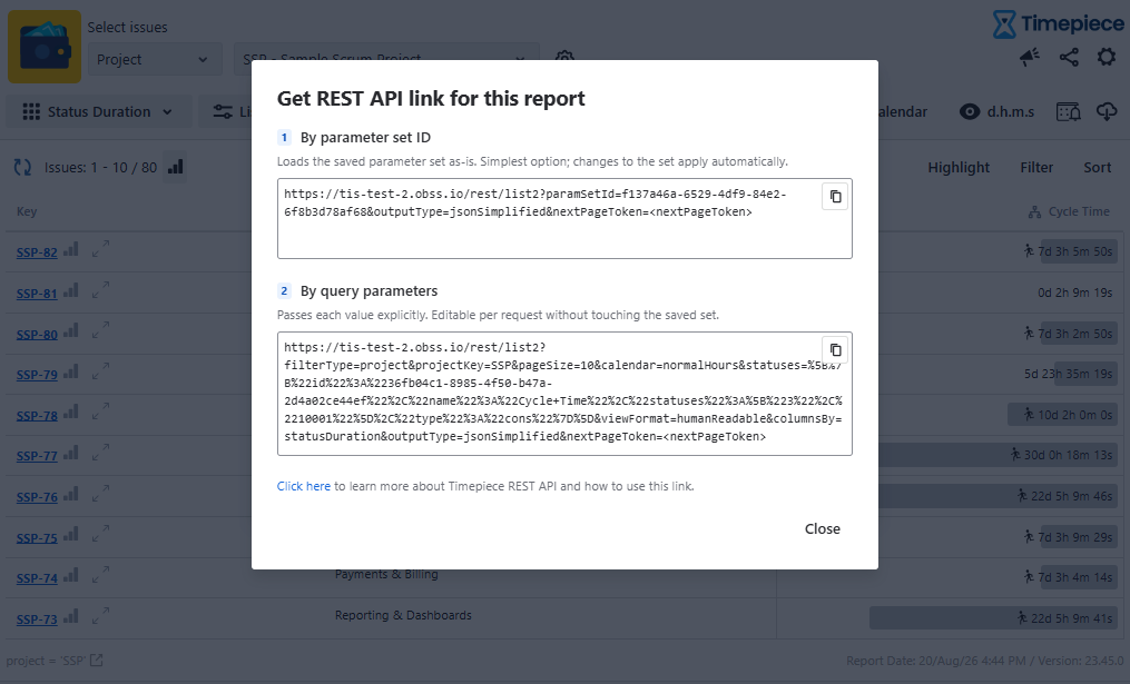 Get REST API link modal window showing generated URLs under both By parameter set ID and By query parameters sections.