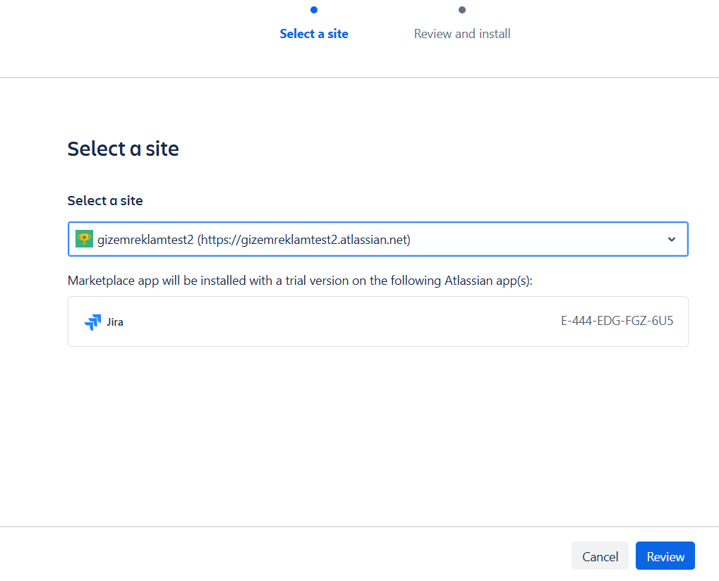 Atlassian Marketplace site selection dialog prompting the user to choose which Jira Cloud site to install TicketBook on