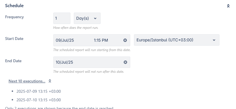 Scheduling screen while creating a new report